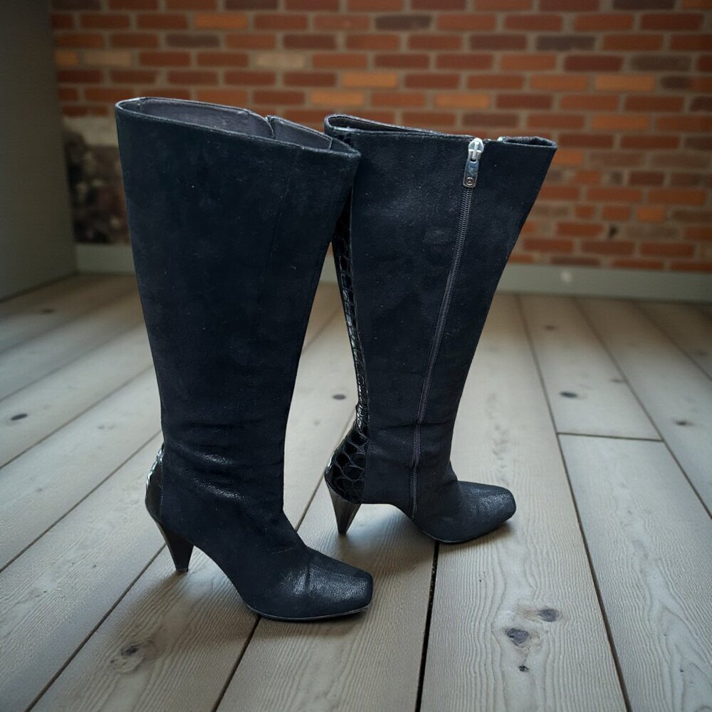 Donald J. Pliner Couture Bobina Black Suede Croc Panel High Heel Boots Size 10N